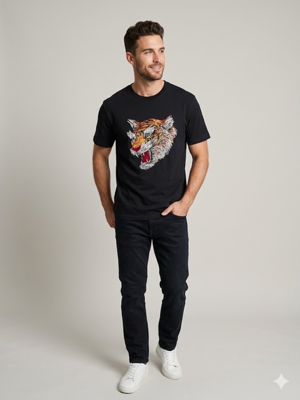 Zara Tiger Head Embroidered Tee | Size Medium